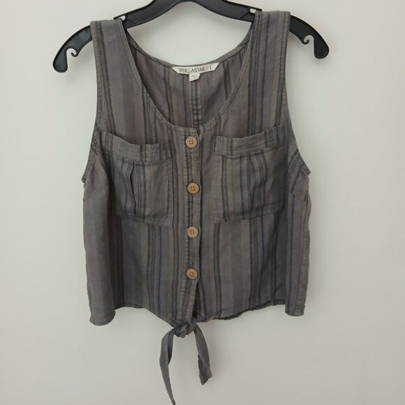 Olive Green Striped Linen Blend Button Down Tie Front Midriff Top Sz L - Picture 9 of 9